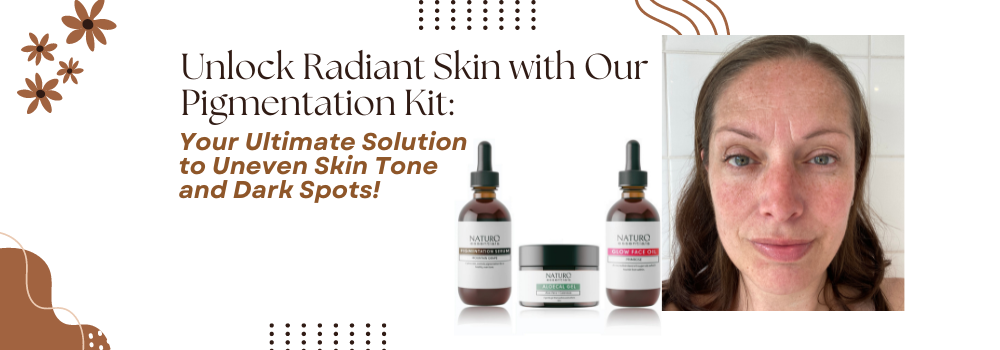 A trio of skincare products – Pigmentation Serum, Aloe Cal Gel, and Nourishing Face Oil, beautifully arranged on a radiant background, representing our Pigmentation Set for achieving glowing and even skin tone.