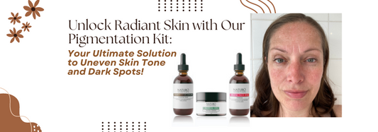A trio of skincare products – Pigmentation Serum, Aloe Cal Gel, and Nourishing Face Oil, beautifully arranged on a radiant background, representing our Pigmentation Set for achieving glowing and even skin tone.
